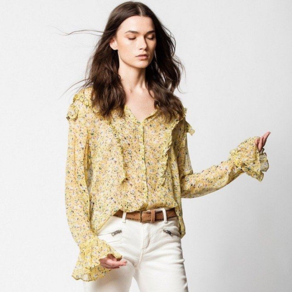 Zadig and Voltaire (M) Anemone Ruffle Printed Sheer Blouse Yellow Ditsy Floral